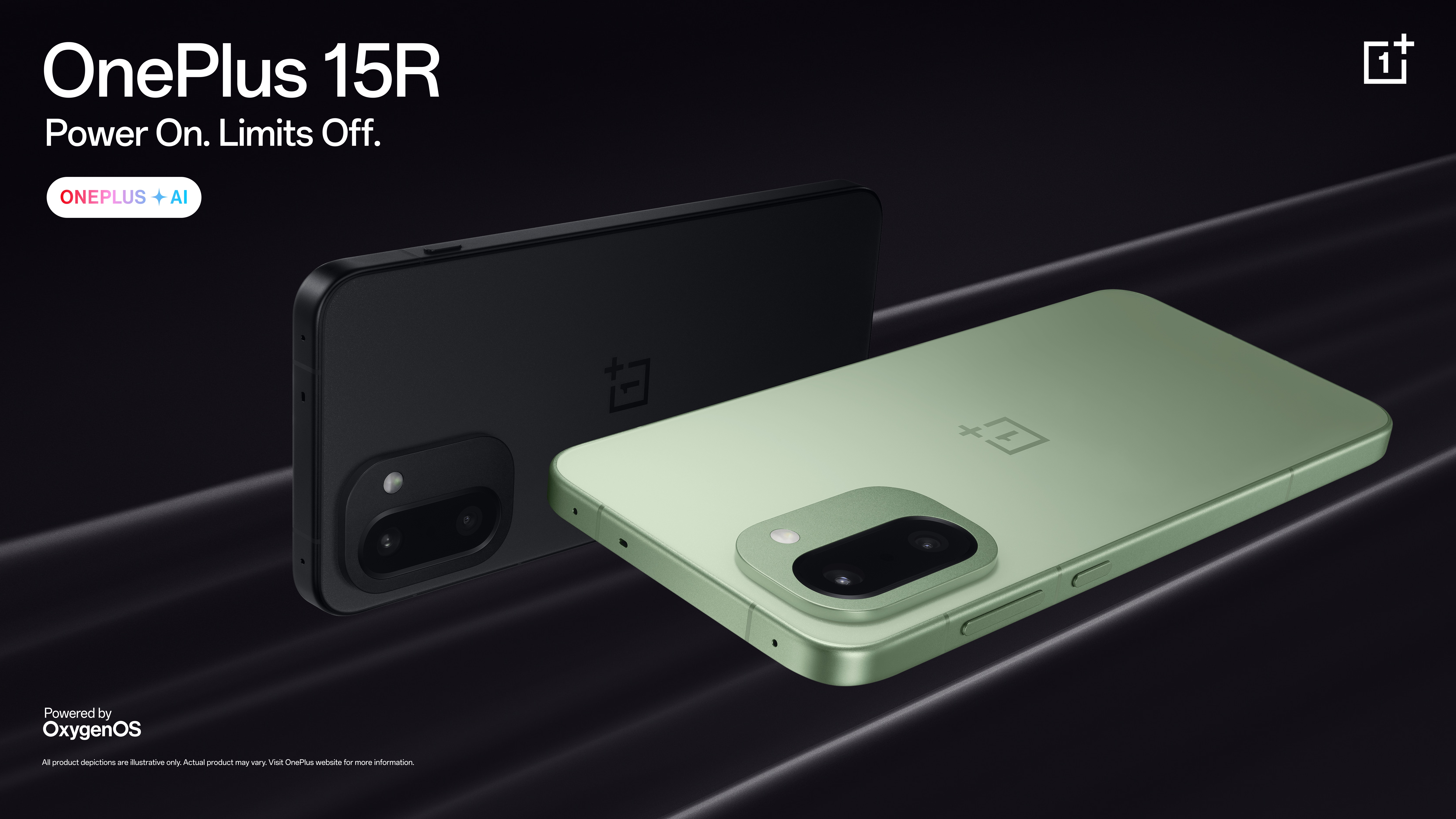 The OnePlus 15R in its Charcoal Black and Mint Breeze color options.