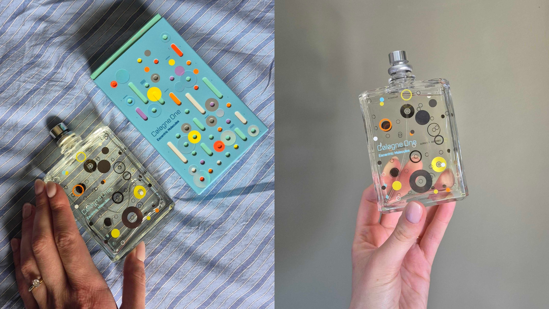 One the left is a picture the Escentric Molecules Cologne One, alongside its box on a blue and white striped bedspread and on the right, is a picture of Digital Beauty Writer, Naomi Jamieson's hand holding the perfume in front of a green wall.
