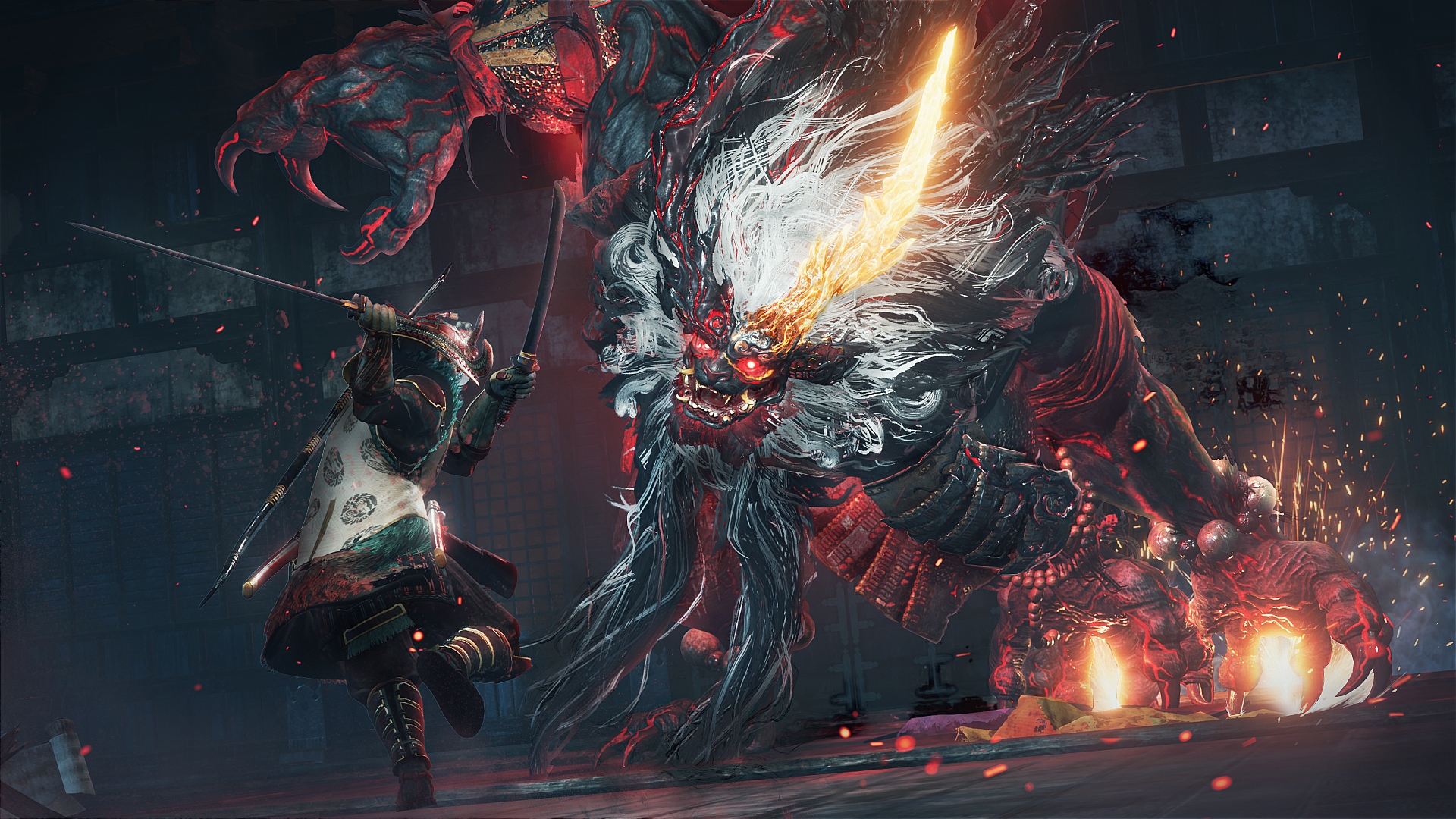 Takechiyo faces off against a large demonic boss in Nioh 3
