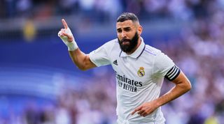 Real Madrid striker Karim Benzema celebrates after scoring his team's first goal in the La Liga match between Real Madrid and Barcelona on 16 October, 2022 at the Santiago Bernabeu, Madrid, Spain