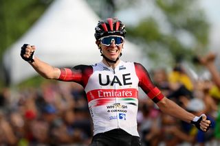 MONTREAL QUEBEC SEPTEMBER 11 Tadej Pogacar of Slovenia and UAE Team Emirates celebrates winning during the 11th Grand Prix Cycliste de Montreal 2022 a 221km one day race from Montreal to Montreal GPCQM WorldTour on September 11 2022 in Montreal Quebec Photo by Dario BelingheriGetty Images