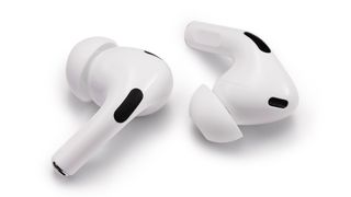 A pair of Apple AirPods Pro 2 earbuds in white