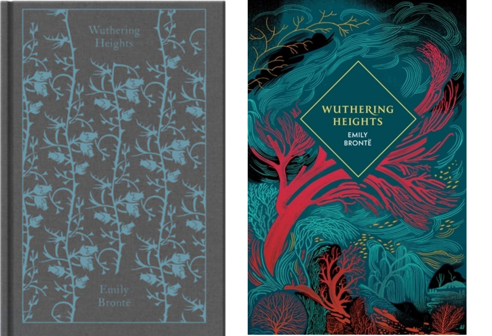 Two modern book covers, one featuring a minimalist grey design with blue floral patterns and the other a vibrant, abstract illustration of swirling teal and red foliage.