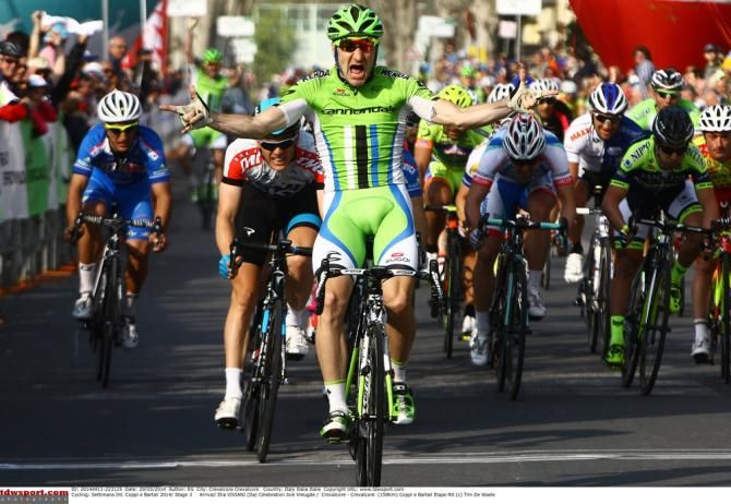 Elia Viviani (Cannondale) prevailed in the sprint finale to stage 3 at Coppi e Bartali