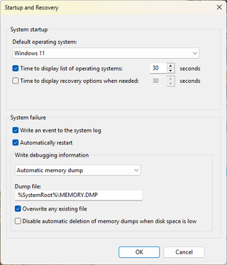 Windows Startup and Recovery Menu in Control Panel