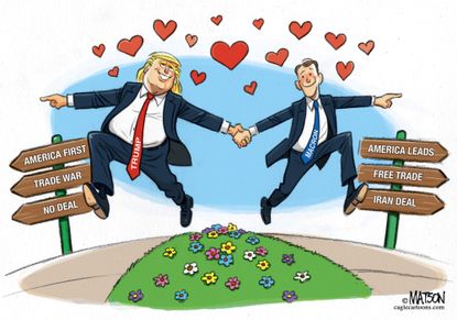 Political cartoon U.S. Trump Macron America First trade Iran Deal