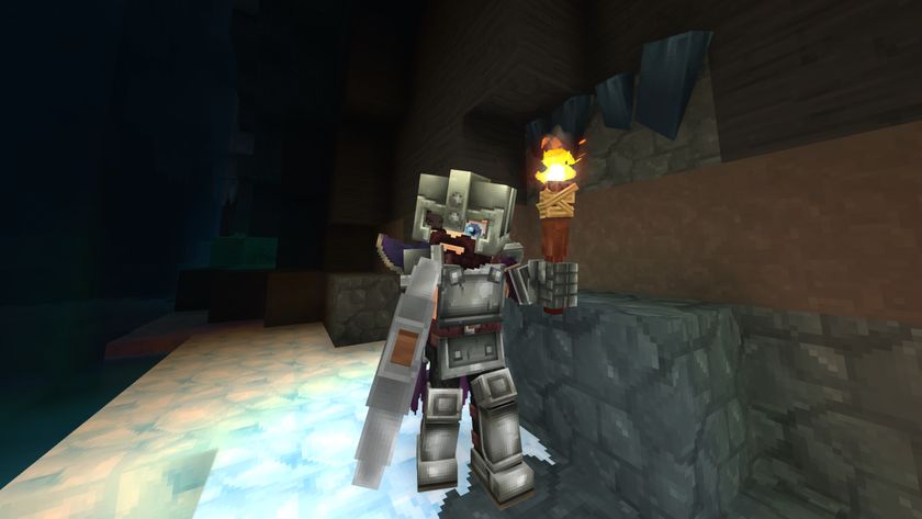 Hytale cobalt: A third-person image of a character holding a torch and pixacke standing next to a cobalt ore deposit in a cave.