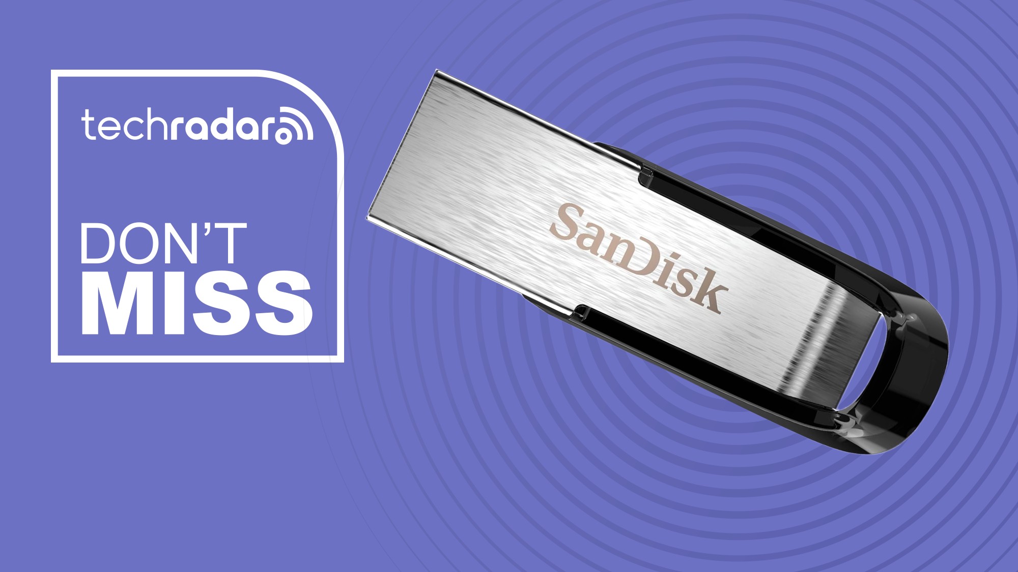 SanDisk Ultra Flair USB flash drive on a purple background next to a TechRadar badge that reads 'Don't Miss'
