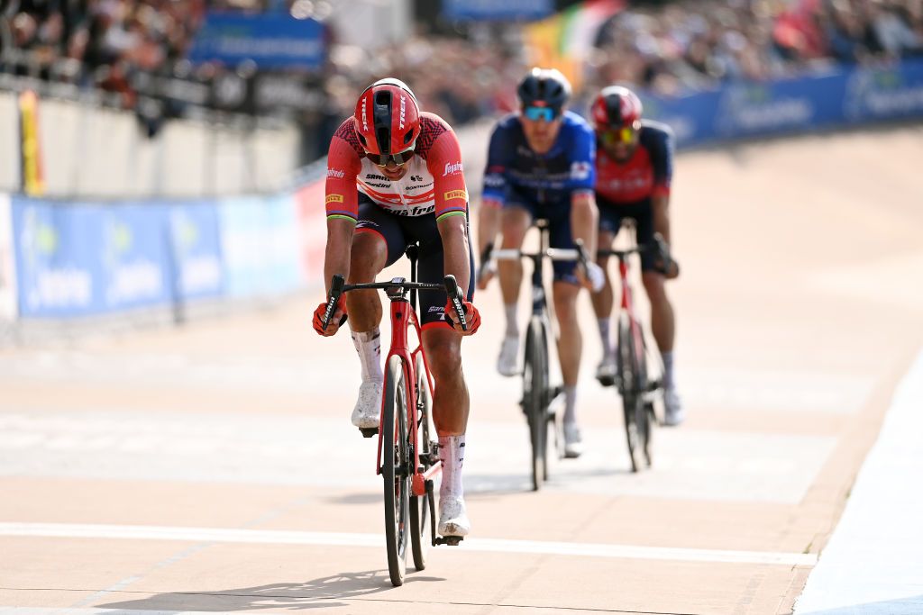 ROUBAIX FRANCE APRIL 09 Mads Pedersen of Denmark and Team Trek Segafredo crosses the finish line during the 120th ParisRoubaix 2023 Mens Elite a 2566km one day race from Compigne to Roubaix on UCIWT April 09 2023 in Roubaix France Photo by Tim de WaeleGetty Images