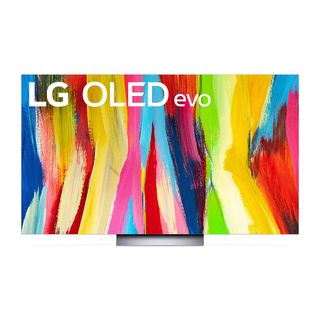 En LG C2 OLED TV visas upp mot en vit bakgrund.