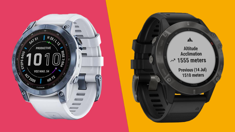 Garmin Fenix 7 and Garmin Fenix 7 on pink and yellow background