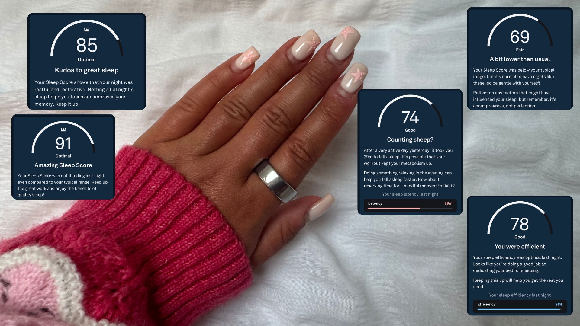 A woman&#039;s hand with pink nails wearing a silver Oura Ring on index finger surrounded by screenshots from Oura app of sleep tracking prompts