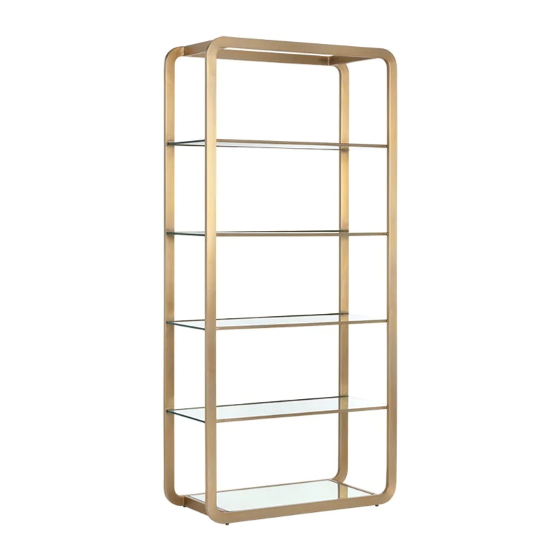 open-concept bookshelf with gold frame
