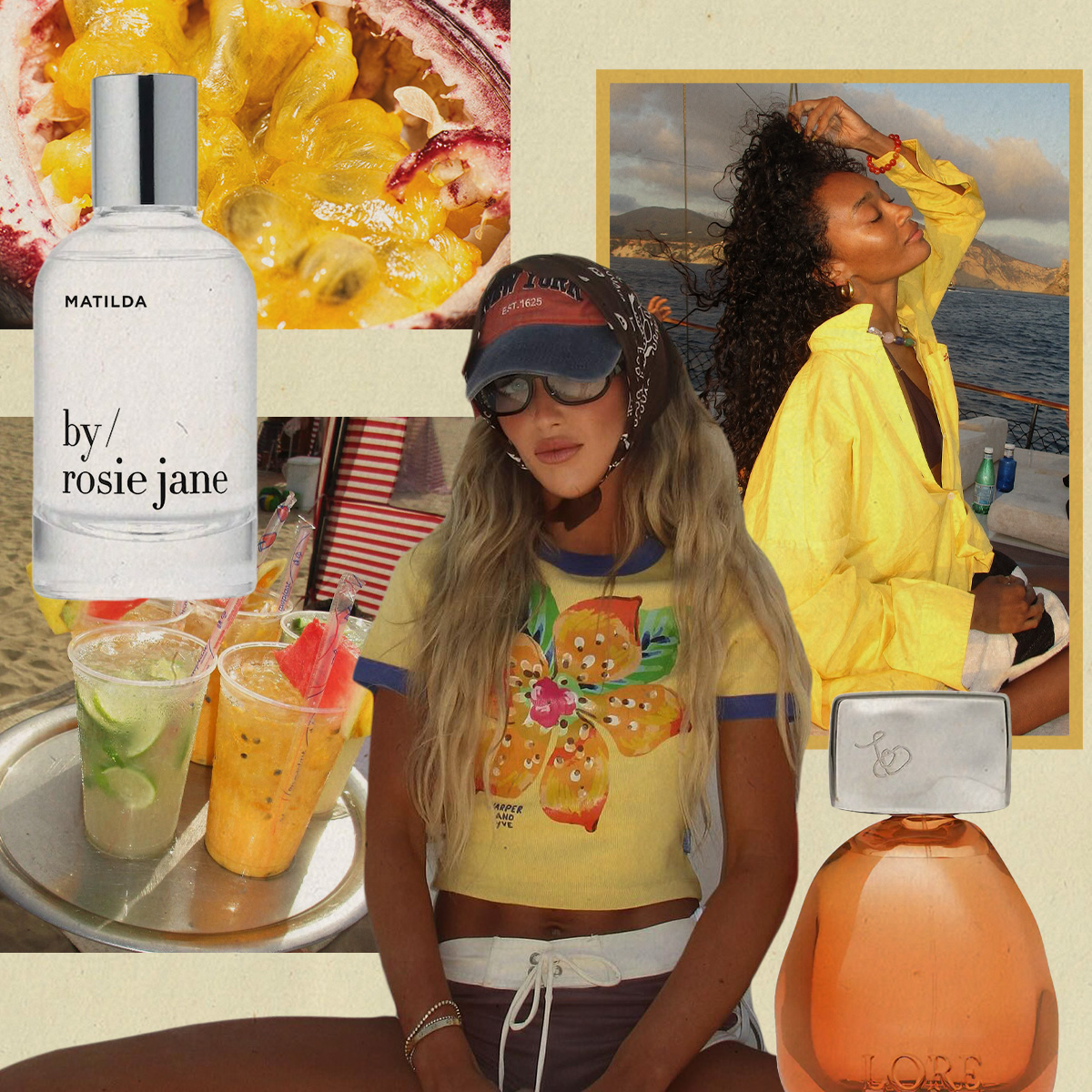 Collage of passionfruit perfumes and drinks with women wearing summer clothing 