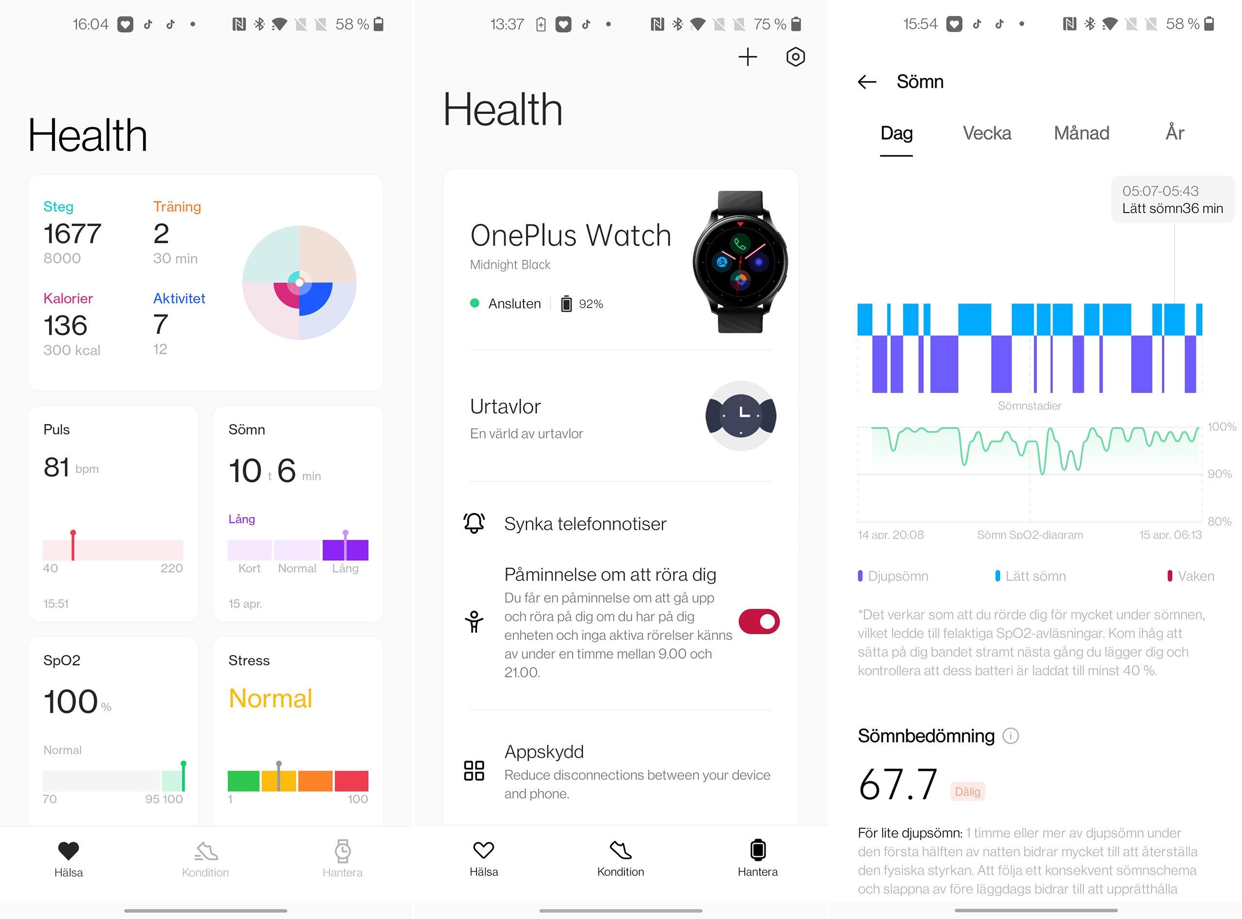 Skärmdumpar från OnePlus Health-appen.