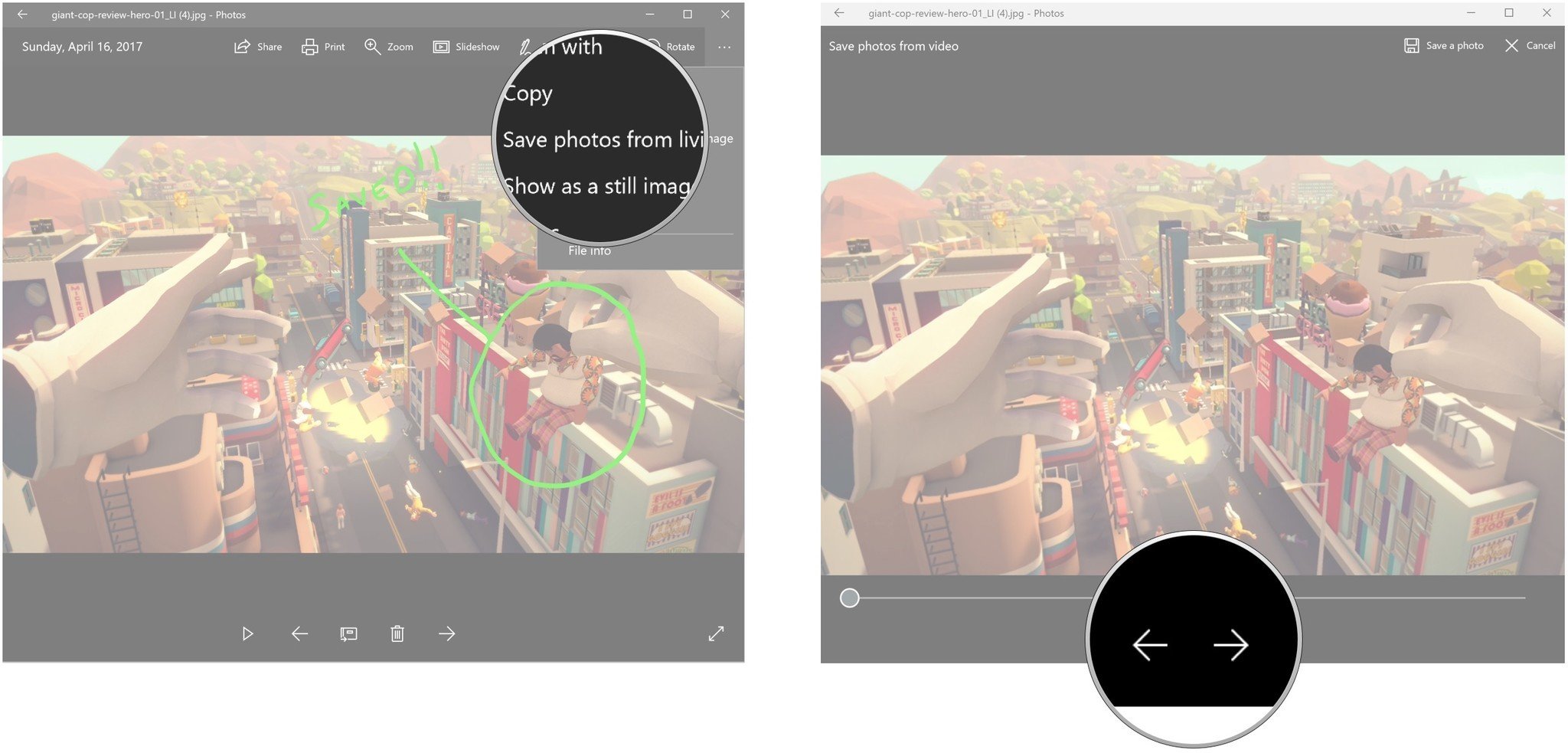 Click Save photos from living image. Click the right or left arrows to move through frames.