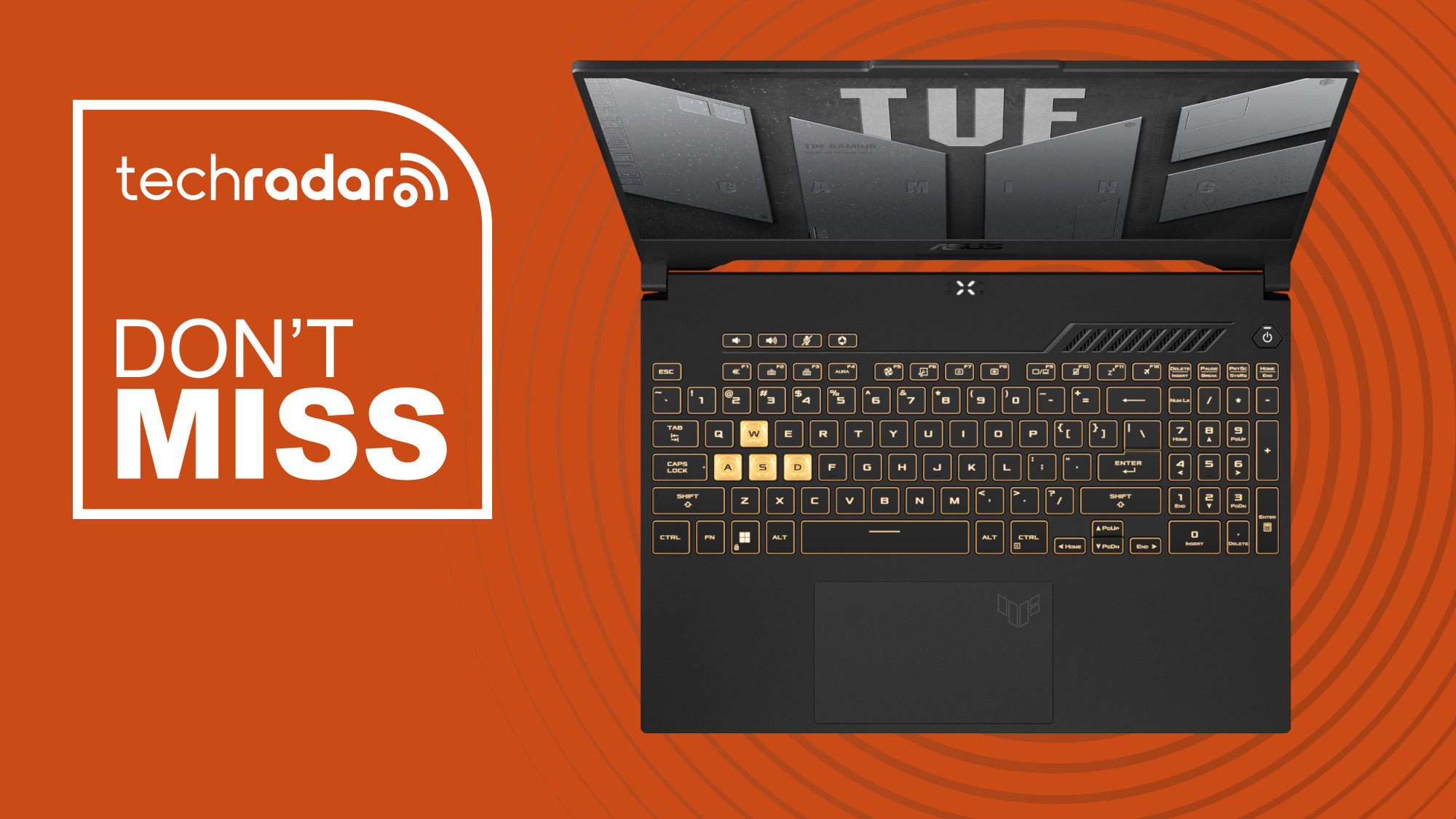 The Asus TUF F15 gaming laptop on an orange background with the text 'DON'T MISS'.