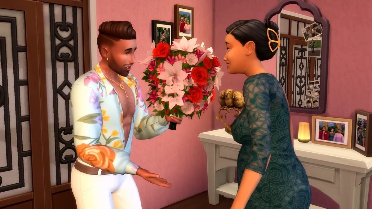 The Sims 4 Lovestruck - A Sim presents another Sim with a large bouquet of flowers