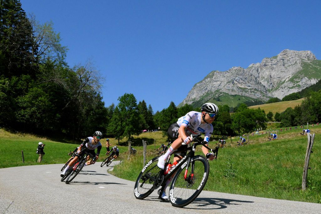 SAINTGERVAIS MONTBLANC FRANCE JULY 16 Tadej Pogacar of Slovenia and UAE Team Emirates White Best Young Rider Jersey competes climbing down the Col de la Forclaz de Montmin 1149m during the stage fifteen of the 110th Tour de France 2023 a 179km stage from Les Gets les Portes du Soleil to SaintGervais MontBlanc 1379m UCIWT on July 16 2023 in SaintGervais MontBlanc France Photo by David RamosGetty Images