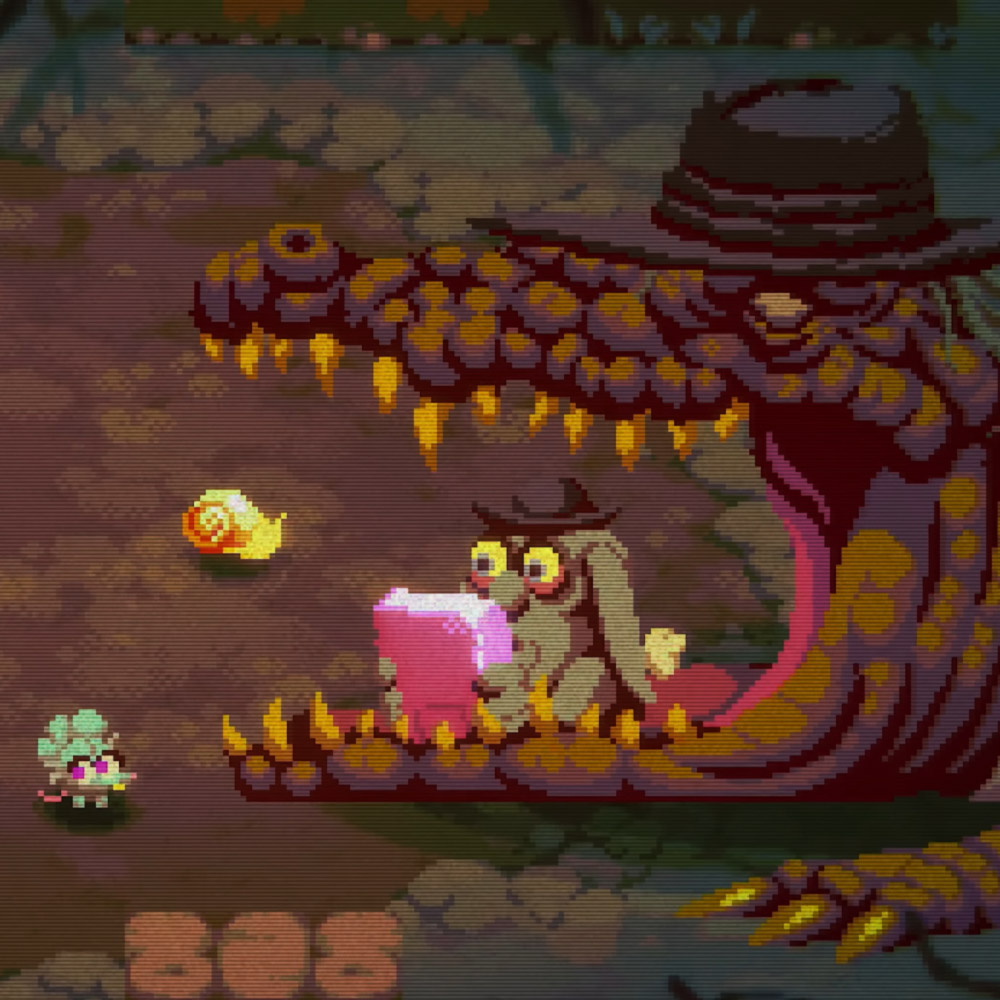 The mouse-like protagonist from Morsel standing in front of a gator wearing a hat - it&#039;s got its mouth open like it&#039;s going to eat her