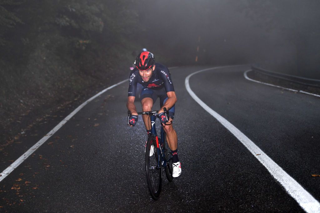CAMIGLIATELLO SILANO ITALY OCTOBER 07 Filippo Ganna of Italy and Team INEOS Grenadiers Fog during the 103rd Giro dItalia 2020 Stage 5 a 225km stage from Mileto to Camigliatello Silano 1275m girodiitalia Giro on October 07 2020 in Camigliatello Silano Italy Photo by Tim de WaeleGetty Images