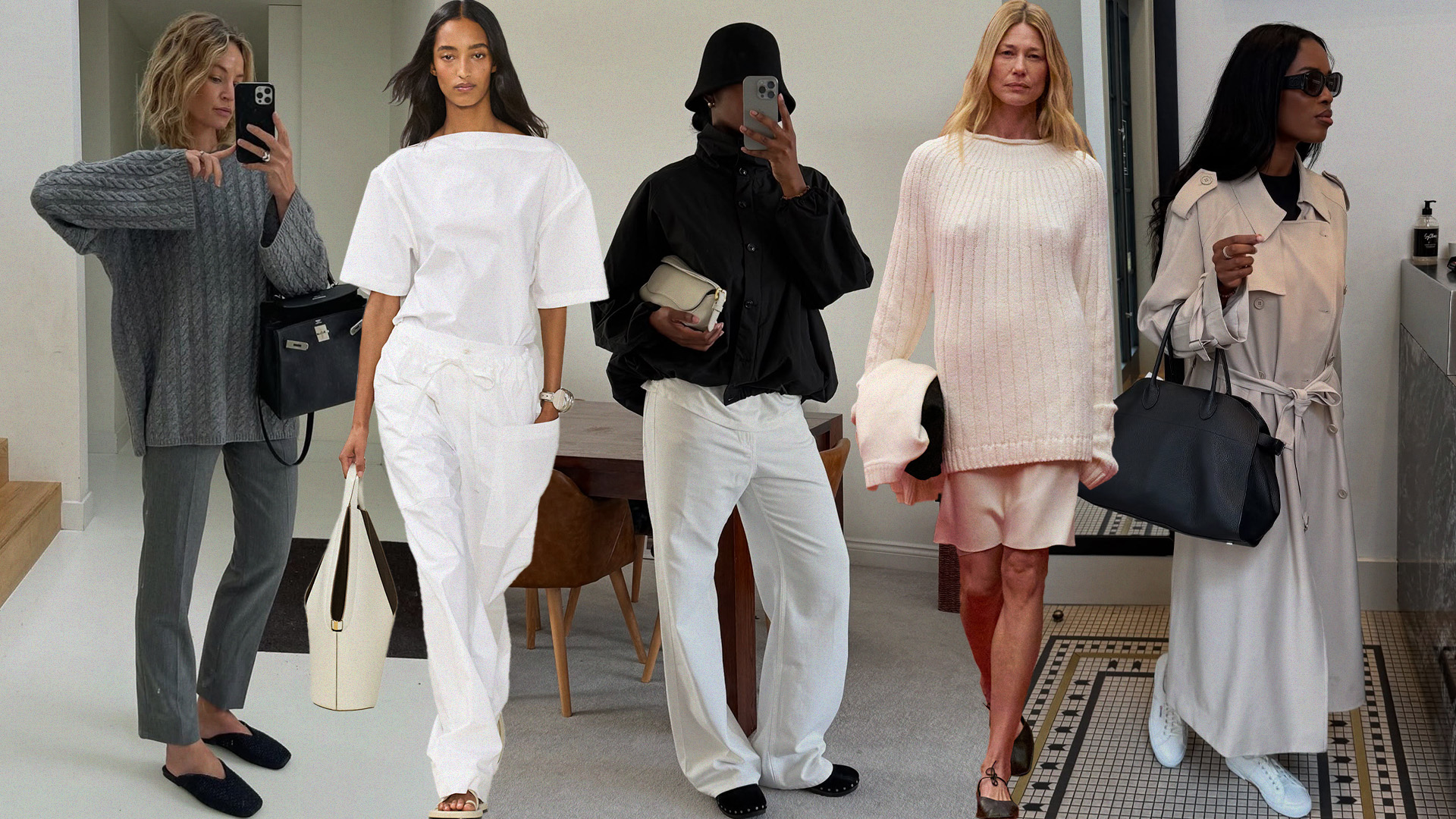 A collage featuring lazy luxury outfits by @anoukyve, @nlmarilyn, and models from Tod's and Kallmeyer's S/S 25 shows.