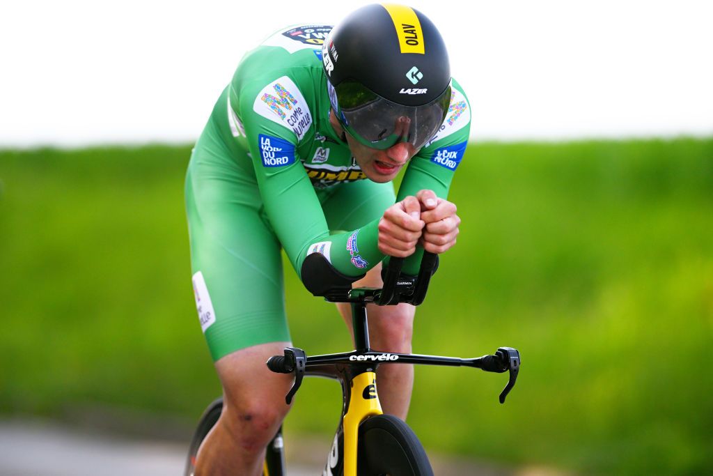 ST QUENTIN FRANCE MAY 18 Olav Kooij of The Netherlands and Team JumboVisma Green points jersey sprints during the 67th 4 Jours de Dunkerque Grand Prix des Hauts de France 2023 Stage 3 a 159km Individual time trial in SaintQuentin on May 18 2023 in St Quentin France Photo by Luc ClaessenGetty Images