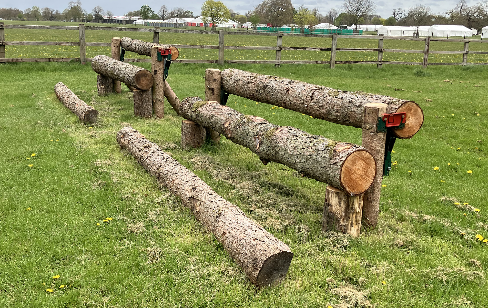 A triple bar with MiM clip on the top rail that is the second fence on the Badminton grassroots cross-country course