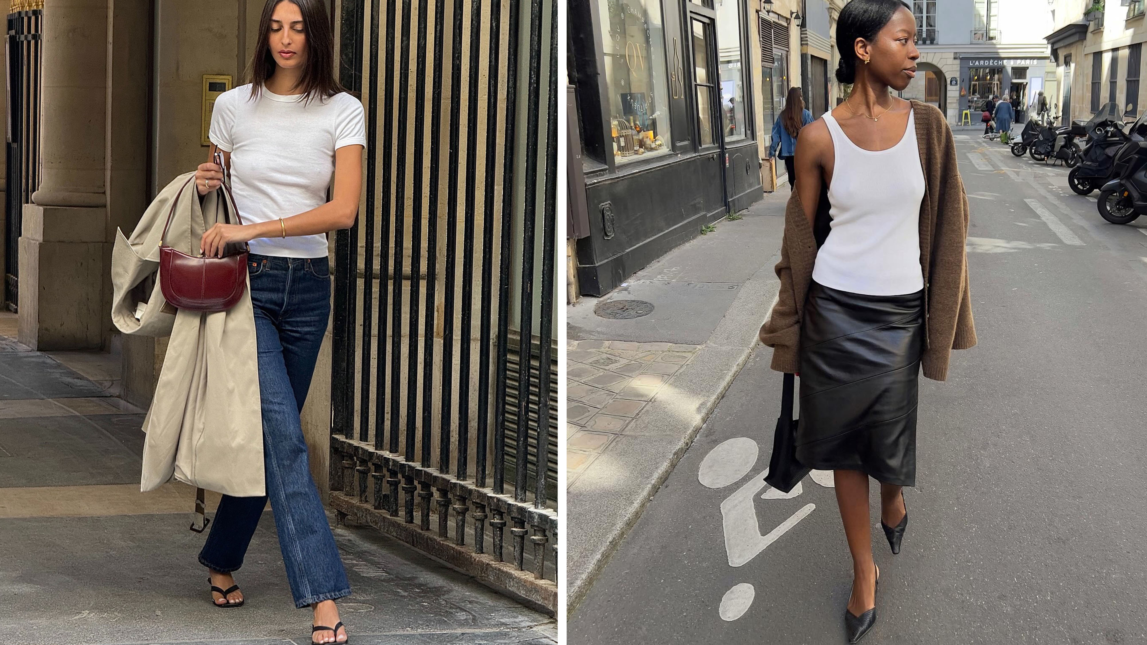 Woman in white tee and jeans; woman in white tank top and leather skirt