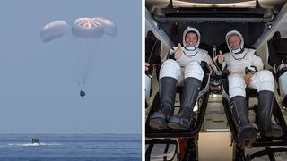 two pictures side by side. at left is a spacecraft falling into the ocean under four parachutes. at right are two astronauts in spacesuits, seated and giving a thumbs up