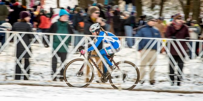Eva Lechner races in front of a boisterous crowd
