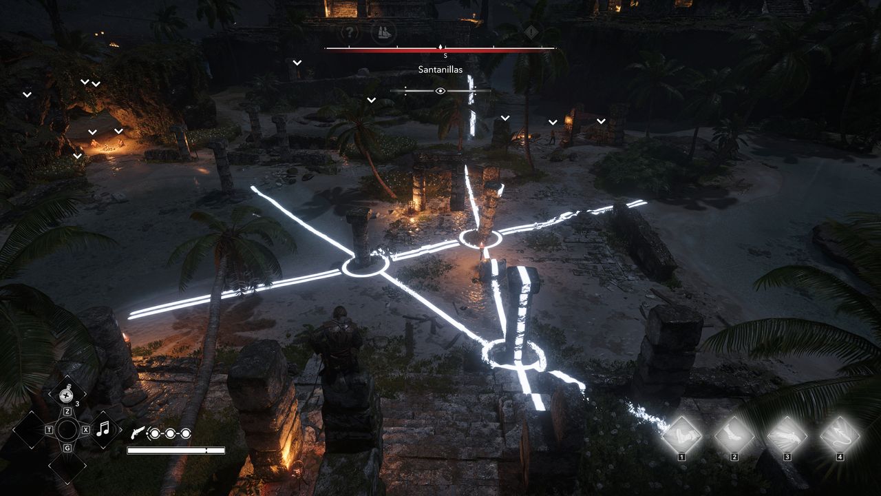 Black Flag Mayan stones: Edward crouched on top of the stele solving the puzzle in the ruins below.