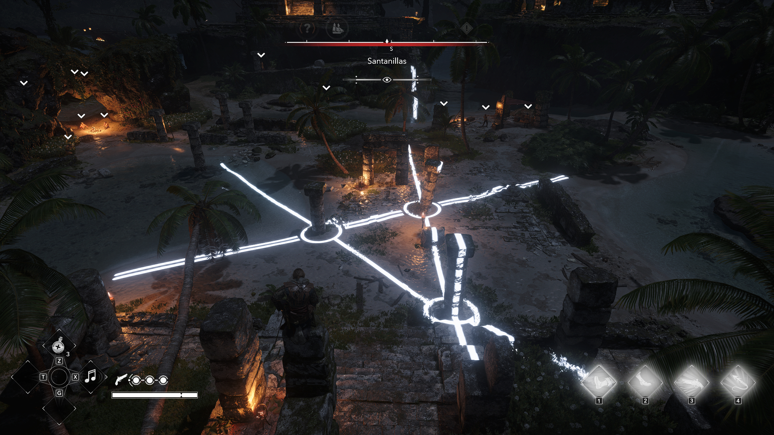 Black Flag Mayan stones: Edward crouched on top of the stele solving the puzzle in the ruins below.