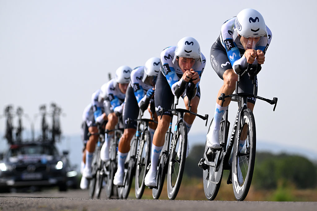 FIGUERES, SPAIN - AUGUST 27: Michel Hessmann of Germany and Team Movistar competes during the La Vuelta - 80th Tour of Spain 2025, Stage 5 a 24.1km team time trial stage from Figueres to Figueres / TTT / #UCIWT / on August 27, 2025 in Figueres, Spain. (Photo by Tim de Waele/Getty Images)