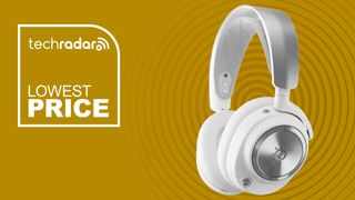 The white SteelSeries Arctis Nova Pro Wireless headset on an orange background with white lowest-price text