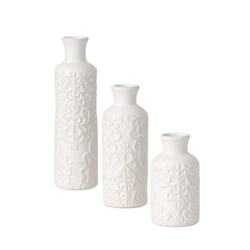 Sullivans Small White Embossed Ceramic Vase Set of 3, Matte Finish, Vases for Decor Modern Home Centerpieces, Mantle Tabletop for Living Room, Bedroom, Kitchen, Entryway Decor