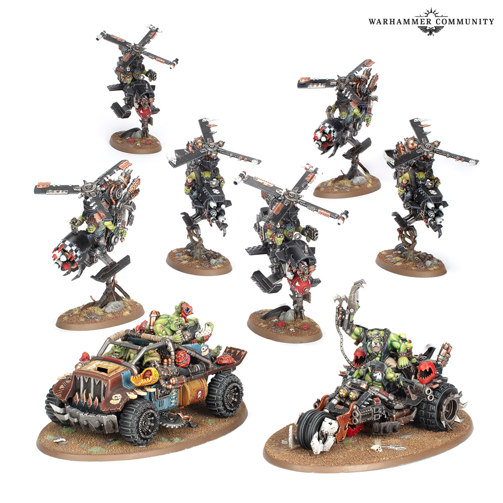 Ork helicopters and vehicles against a plain background