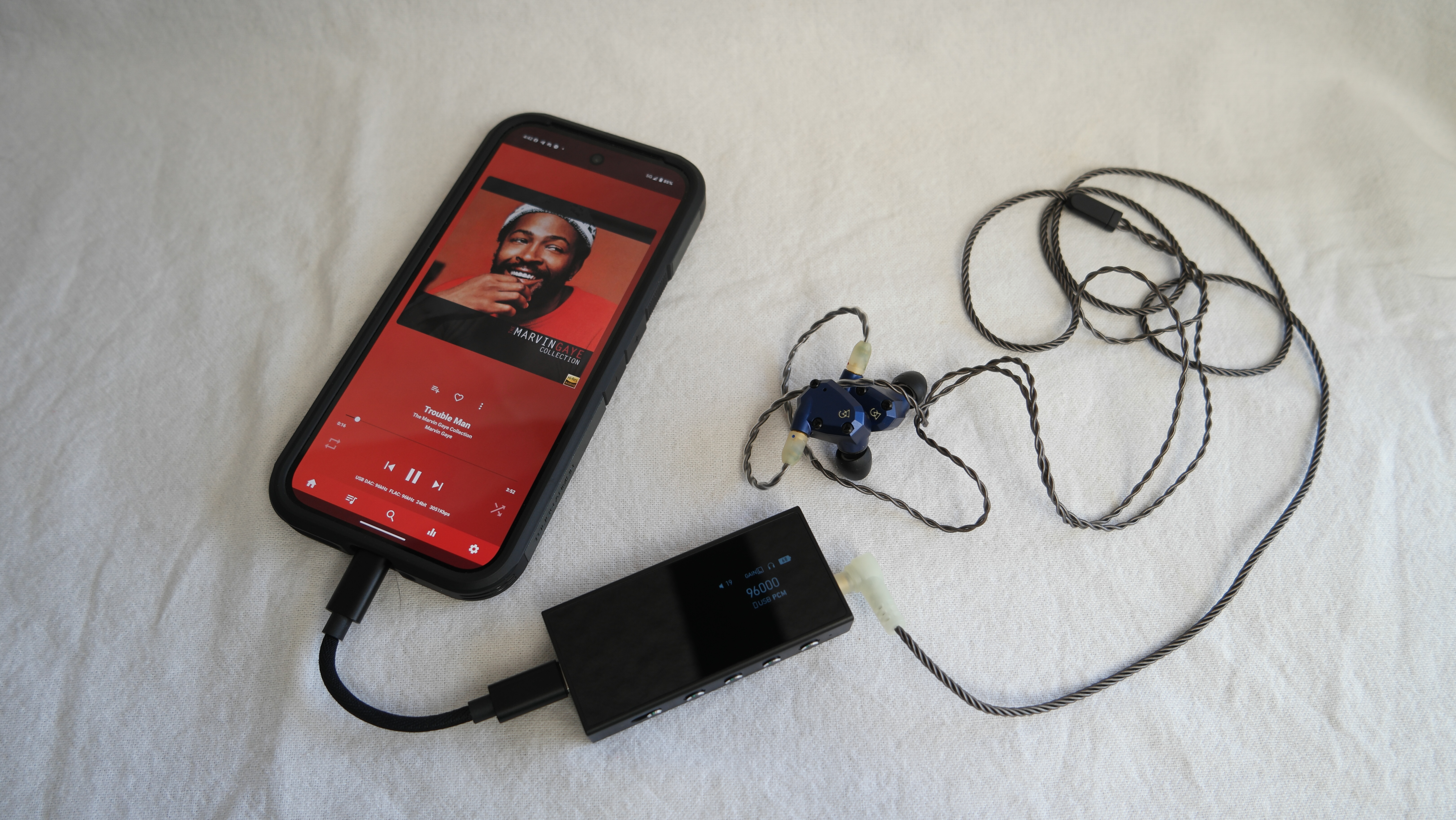 Questyle M18i showing some of the equipment used for testing
