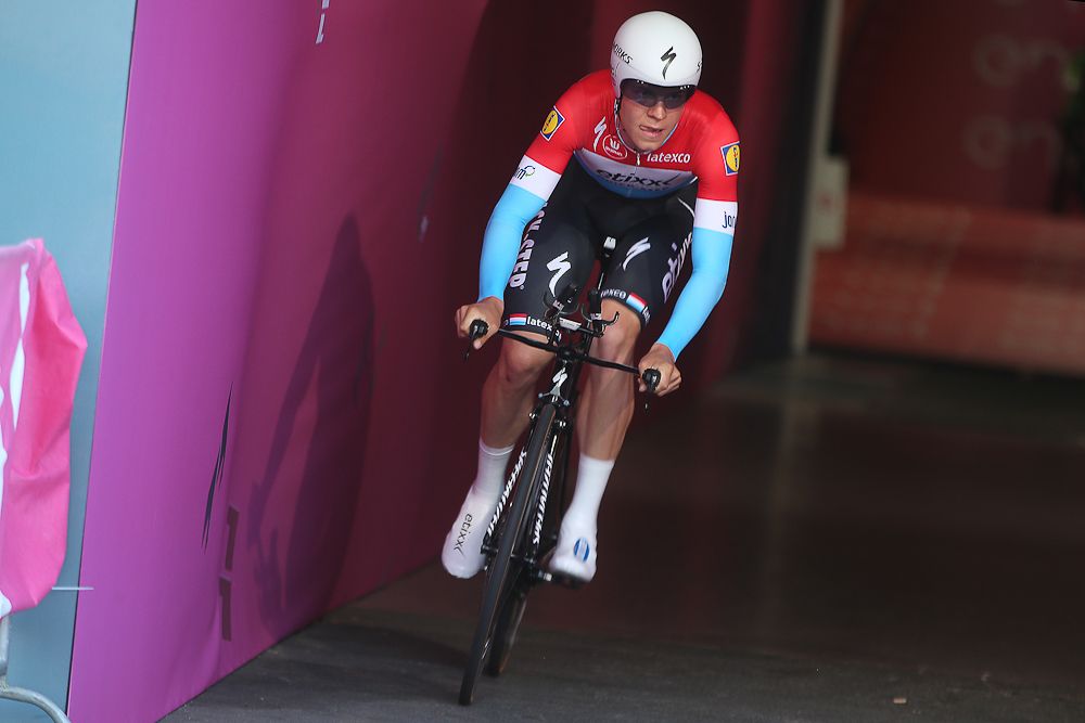 Bob Jungels emerges from the Apeldoorn Omnisport centre where the Giro's opening time trial started.