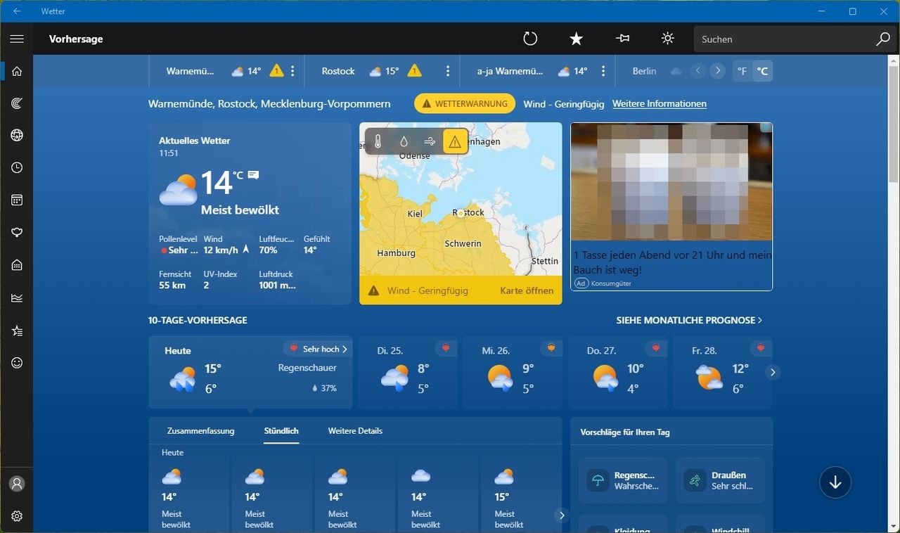 Windows Weather app with ads