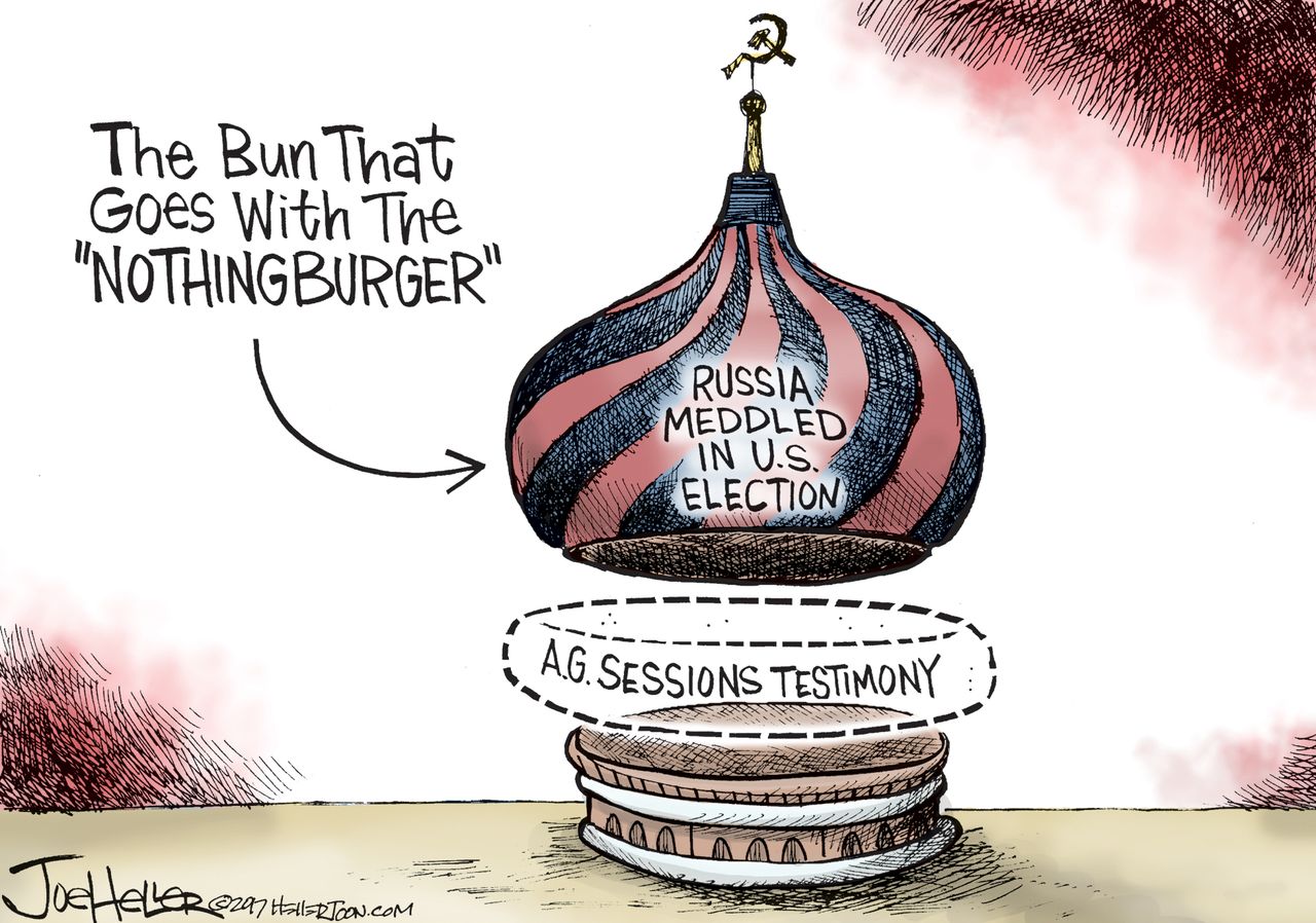 Political cartoon U.S. Russia investigation election meddling nothing burger