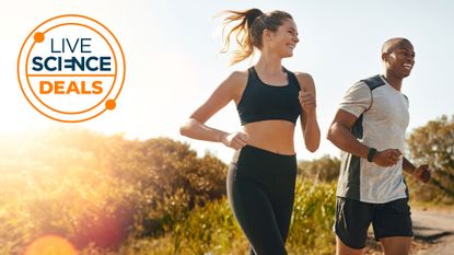 A Live Science Deals logo and a close-up picture of a young couple running outside 