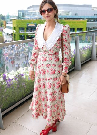 Jenna Colemen wearing a Victorian-style dress at Wimbledon 2023