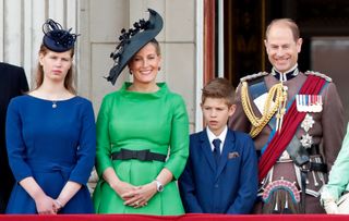 Lady Louise Windsor, Sophie, Countess of Wessex, James, Viscount Severn and Prince Edward, Earl of Wessex watch a flypast from the balcony of Buckingham Palace during Trooping The Colour, the Queen's annual birthday parade, on June 8, 2019 in London, England