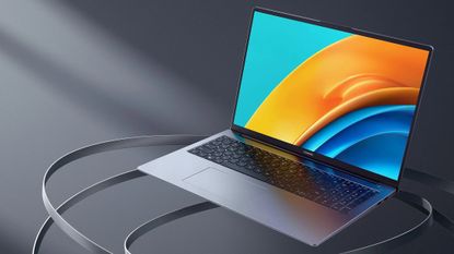 Huawei Matebook D 16 review: grey laptop on grey background