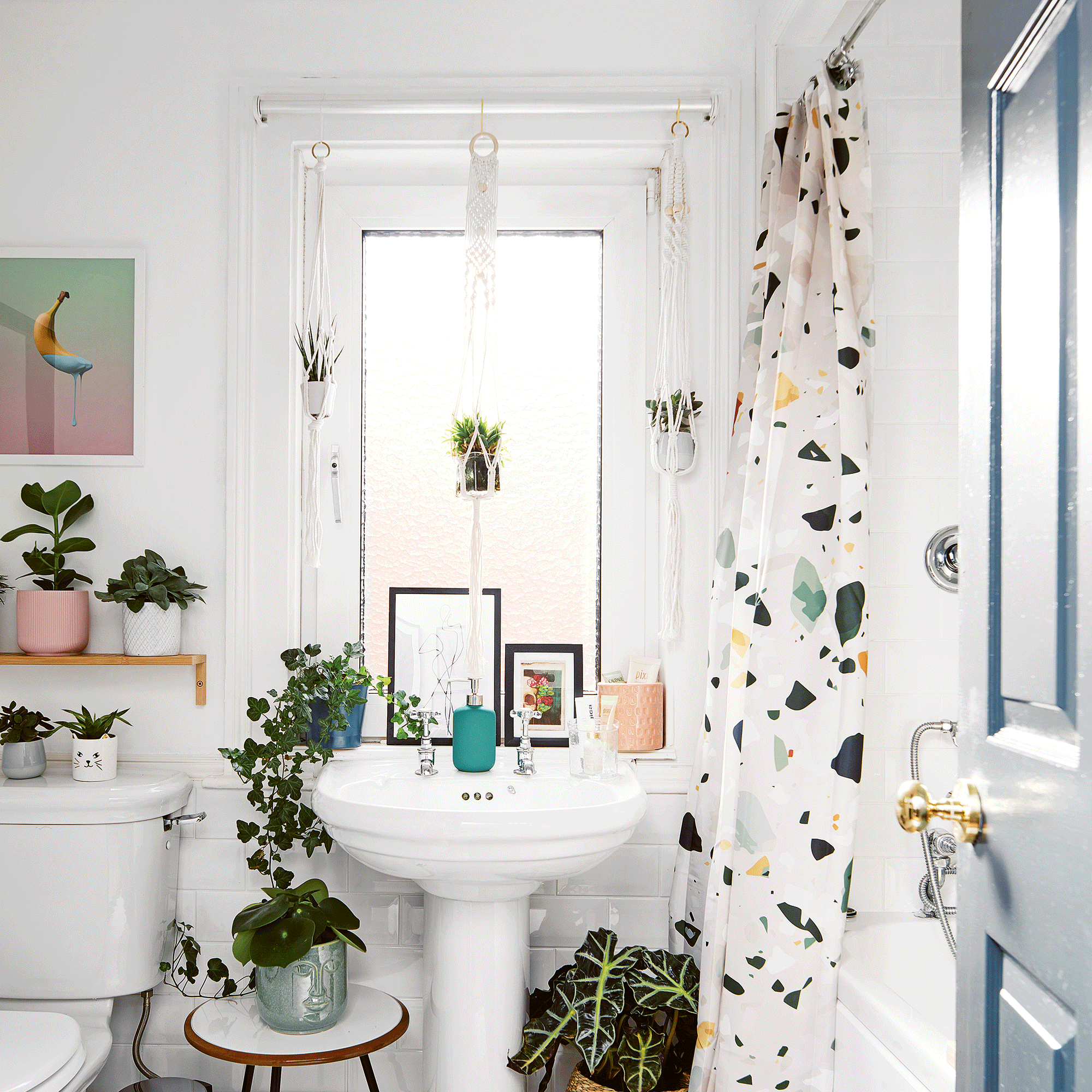 White bathroom with terrazzo curtain