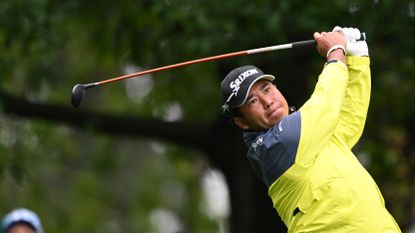 Hideki Matsuyama plays his shot from the fourth tee during the Masters.