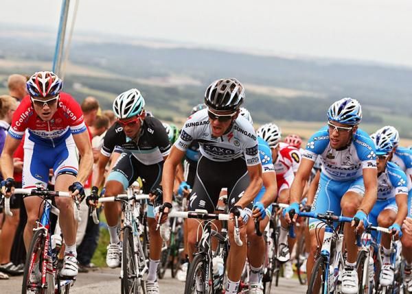 The peloton tackles a climb.