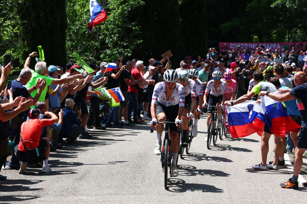 Team UAE's Danish rider Mikkel Bjerg (Front) takes the ascent of Monte Grappa during the 20th stage of the 107th Giro d'Italia cycling race, 184km between Alpago and Bassano del Grappa on May 25, 2024. (Photo by Luca Bettini / AFP) (Photo by LUCA BETTINI/AFP via Getty Images)