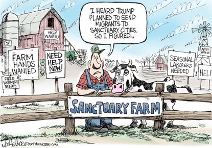 Political Cartoon U.S. Trump Sanctuary cities and farm